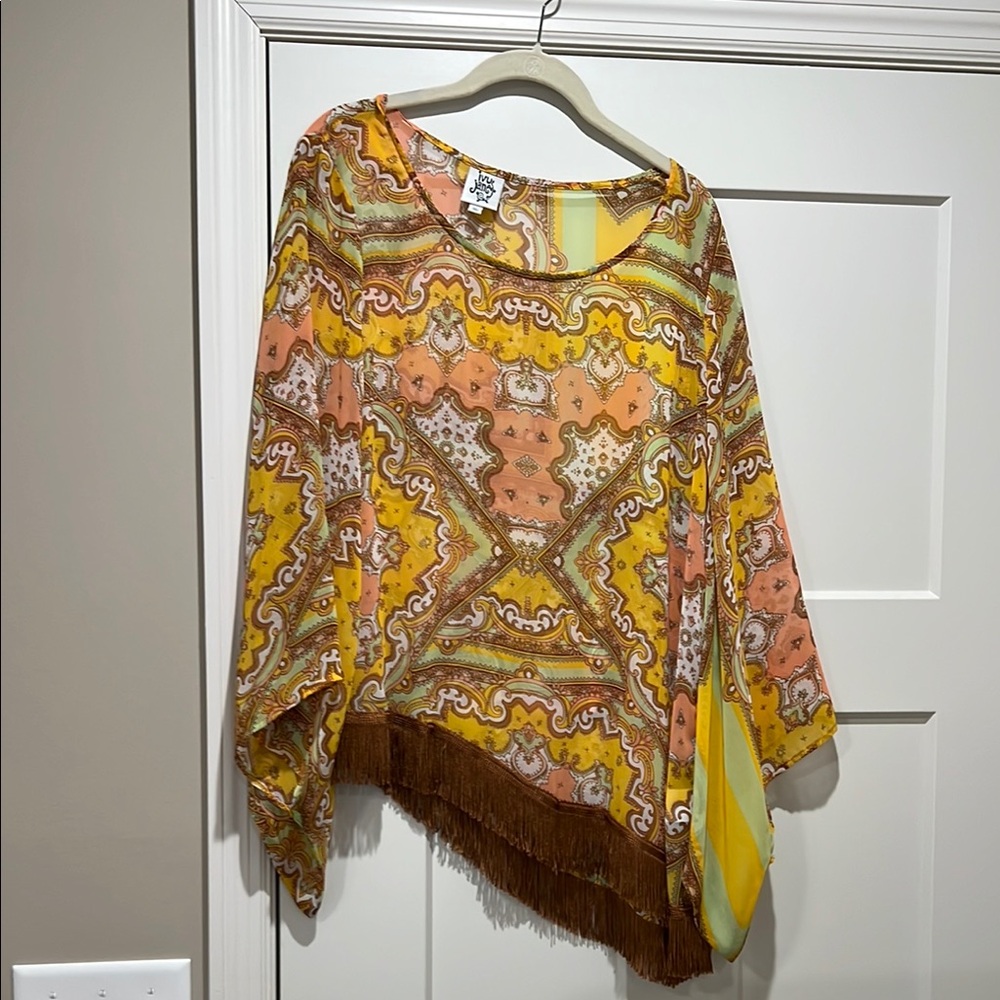 Ivy Jane Yellow and Orange Asymmetrical 3/4 Sleeve Blouse With Fringe